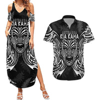 New Zealand Rugby Couples Matching Summer Maxi Dress and Hawaiian Shirt 2023 World Cup Aotearoa Haka Face LT7 Black - Polynesian Pride