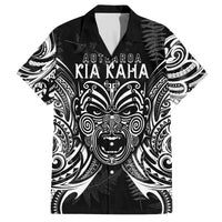 Custom New Zealand Rugby Family Matching Puletasi Dress and Hawaiian Shirt 2023 World Cup Aotearoa Haka Face LT7 Dad's Shirt - Short Sleeve Black - Polynesian Pride