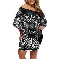 New Zealand Rugby Off Shoulder Short Dress 2023 World Cup Aotearoa Haka Face LT7 Women Black - Polynesian Pride