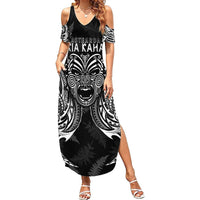 New Zealand Rugby Summer Maxi Dress 2023 World Cup Aotearoa Haka Face LT7 Women Black - Polynesian Pride