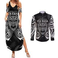 New Zealand Rugby Couples Matching Summer Maxi Dress and Long Sleeve Button Shirt 2023 World Cup Aotearoa Create History LT7 Black - Polynesian Pride