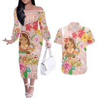 Aloha Hawaii Couples Matching Off The Shoulder Long Sleeve Dress and Hawaiian Shirt Kawaii Mele Kalikimaka - Pastel Fever