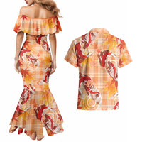 Orange Palaka Hawaii Aloha Couples Matching Mermaid Dress and Hawaiian Shirt Koi Pond Mix Japanese Maple - Polynesian Pride