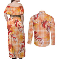 Orange Palaka Hawaii Aloha Couples Matching Off Shoulder Maxi Dress and Long Sleeve Button Shirt Koi Pond Mix Japanese Maple - Polynesian Pride