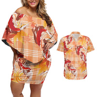 Orange Palaka Hawaii Aloha Couples Matching Off Shoulder Short Dress and Hawaiian Shirt Koi Pond Mix Japanese Maple - Polynesian Pride