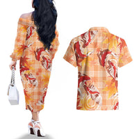 Orange Palaka Hawaii Aloha Couples Matching Off The Shoulder Long Sleeve Dress and Hawaiian Shirt Koi Pond Mix Japanese Maple - Polynesian Pride