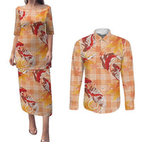 Orange Palaka Hawaii Aloha Couples Matching Puletasi and Long Sleeve Button Shirt Koi Pond Mix Japanese Maple LT7 Orange - Polynesian Pride