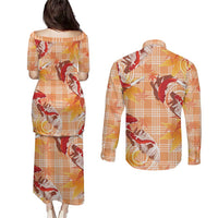 Orange Palaka Hawaii Aloha Couples Matching Puletasi and Long Sleeve Button Shirt Koi Pond Mix Japanese Maple LT7 - Polynesian Pride