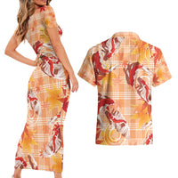 Orange Palaka Hawaii Aloha Couples Matching Short Sleeve Bodycon Dress and Hawaiian Shirt Koi Pond Mix Japanese Maple - Polynesian Pride