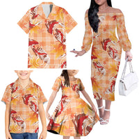 Orange Palaka Hawaii Aloha Family Matching Off The Shoulder Long Sleeve Dress and Hawaiian Shirt Koi Pond Mix Japanese Maple - Polynesian Pride