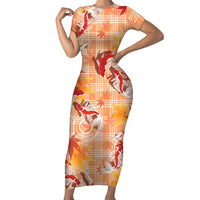 Orange Palaka Hawaii Aloha Short Sleeve Bodycon Dress Koi Pond Mix Japanese Maple LT7 Long Dress Orange - Polynesian Pride