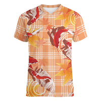 Orange Palaka Hawaii Aloha Women V-Neck T-Shirt Koi Pond Mix Japanese Maple LT7 Female Orange - Polynesian Pride