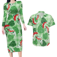 Lime Palaka Hawaii Aloha Couples Matching Long Sleeve Bodycon Dress and Hawaiian Shirt Koi Pond Mix Monstera - Polynesian Pride