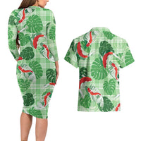 Lime Palaka Hawaii Aloha Couples Matching Long Sleeve Bodycon Dress and Hawaiian Shirt Koi Pond Mix Monstera - Polynesian Pride