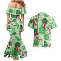 Lime Palaka Hawaii Aloha Couples Matching Mermaid Dress and Hawaiian Shirt Koi Pond Mix Monstera - Polynesian Pride