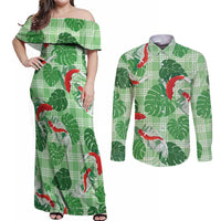 Lime Palaka Hawaii Aloha Couples Matching Off Shoulder Maxi Dress and Long Sleeve Button Shirt Koi Pond Mix Monstera - Polynesian Pride