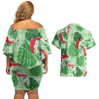 Lime Palaka Hawaii Aloha Couples Matching Off Shoulder Short Dress and Hawaiian Shirt Koi Pond Mix Monstera LT7 - Polynesian Pride