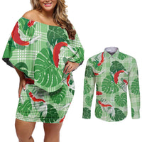 Lime Palaka Hawaii Aloha Couples Matching Off Shoulder Short Dress and Long Sleeve Button Shirt Koi Pond Mix Monstera LT7 Lime Green - Polynesian Pride