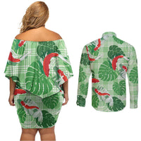 Lime Palaka Hawaii Aloha Couples Matching Off Shoulder Short Dress and Long Sleeve Button Shirt Koi Pond Mix Monstera LT7 - Polynesian Pride