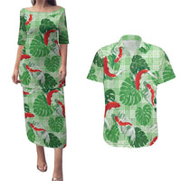Lime Palaka Hawaii Aloha Couples Matching Puletasi and Hawaiian Shirt Koi Pond Mix Monstera LT7 Lime Green - Polynesian Pride