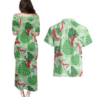 Lime Palaka Hawaii Aloha Couples Matching Puletasi and Hawaiian Shirt Koi Pond Mix Monstera LT7 - Polynesian Pride