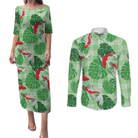 Lime Palaka Hawaii Aloha Couples Matching Puletasi and Long Sleeve Button Shirt Koi Pond Mix Monstera LT7 Lime Green - Polynesian Pride