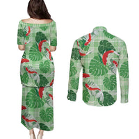 Lime Palaka Hawaii Aloha Couples Matching Puletasi and Long Sleeve Button Shirt Koi Pond Mix Monstera LT7 - Polynesian Pride