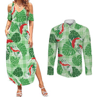 Lime Palaka Hawaii Aloha Couples Matching Summer Maxi Dress and Long Sleeve Button Shirt Koi Pond Mix Monstera LT7 Lime Green - Polynesian Pride