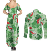 Lime Palaka Hawaii Aloha Couples Matching Summer Maxi Dress and Long Sleeve Button Shirt Koi Pond Mix Monstera LT7 - Polynesian Pride