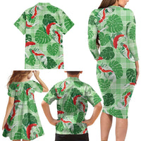 Lime Palaka Hawaii Aloha Family Matching Long Sleeve Bodycon Dress and Hawaiian Shirt Koi Pond Mix Monstera - Polynesian Pride