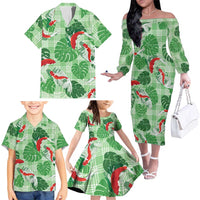 Lime Palaka Hawaii Aloha Family Matching Off The Shoulder Long Sleeve Dress and Hawaiian Shirt Koi Pond Mix Monstera - Polynesian Pride