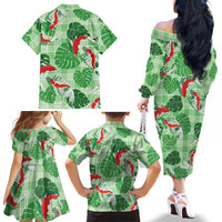 Lime Palaka Hawaii Aloha Family Matching Off The Shoulder Long Sleeve Dress and Hawaiian Shirt Koi Pond Mix Monstera - Polynesian Pride
