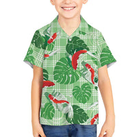 Lime Palaka Hawaii Aloha Family Matching Off The Shoulder Long Sleeve Dress and Hawaiian Shirt Koi Pond Mix Monstera - Polynesian Pride
