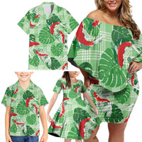 Lime Palaka Hawaii Aloha Family Matching Off Shoulder Short Dress and Hawaiian Shirt Koi Pond Mix Monstera - Polynesian Pride