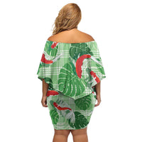 Lime Palaka Hawaii Aloha Family Matching Off Shoulder Short Dress and Hawaiian Shirt Koi Pond Mix Monstera - Polynesian Pride