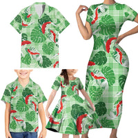 Lime Palaka Hawaii Aloha Family Matching Short Sleeve Bodycon Dress and Hawaiian Shirt Koi Pond Mix Monstera LT7 - Polynesian Pride