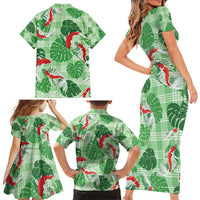 Lime Palaka Hawaii Aloha Family Matching Short Sleeve Bodycon Dress and Hawaiian Shirt Koi Pond Mix Monstera LT7 - Polynesian Pride