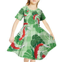 Lime Palaka Hawaii Aloha Kid Short Sleeve Dress Koi Pond Mix Monstera LT7 - Polynesian Pride