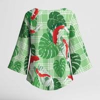 Lime Palaka Hawaii Aloha Kimono Sleeve Blouse Koi Pond Mix Monstera - Polynesian Pride