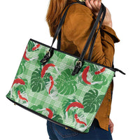 Lime Palaka Hawaii Aloha Leather Tote Bag Koi Pond Mix Monstera - Polynesian Pride