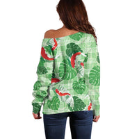 Lime Palaka Hawaii Aloha Off Shoulder Sweater Koi Pond Mix Monstera - Polynesian Pride
