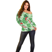 Lime Palaka Hawaii Aloha Off Shoulder Sweater Koi Pond Mix Monstera - Polynesian Pride