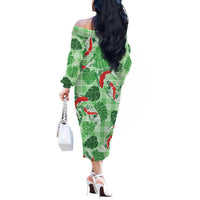 Lime Palaka Hawaii Aloha Off The Shoulder Long Sleeve Dress Koi Pond Mix Monstera - Polynesian Pride