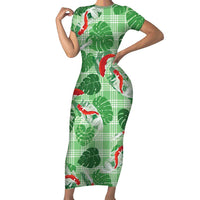 Lime Palaka Hawaii Aloha Short Sleeve Bodycon Dress Koi Pond Mix Monstera LT7 Long Dress Lime Green - Polynesian Pride
