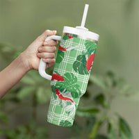 Lime Palaka Hawaii Aloha Tumbler With Handle Koi Pond Mix Monstera - Polynesian Pride