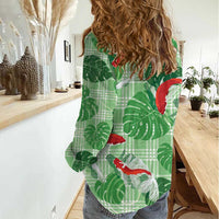 Lime Palaka Hawaii Aloha Women Casual Shirt Koi Pond Mix Monstera - Polynesian Pride