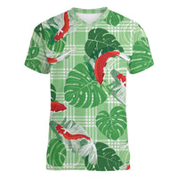 Lime Palaka Hawaii Aloha Women V-Neck T-Shirt Koi Pond Mix Monstera LT7 Female Lime Green - Polynesian Pride