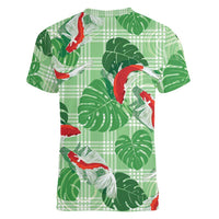 Lime Palaka Hawaii Aloha Women V-Neck T-Shirt Koi Pond Mix Monstera LT7 - Polynesian Pride