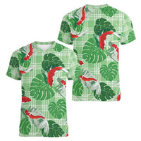 Lime Palaka Hawaii Aloha Women V-Neck T-Shirt Koi Pond Mix Monstera - Polynesian Pride
