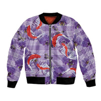 Lavender Palaka Hawaii Aloha Bomber Jacket Koi Pond Mix Orchids - Polynesian Pride